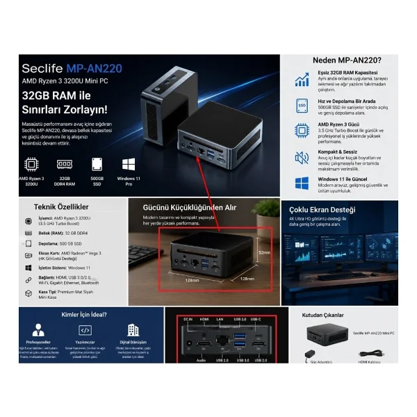 Seclife Mp-An220 Ryzen 3 3200u 32 GB 500 GB SSD Radeon Vega 3 Mini PC - Görsel 4