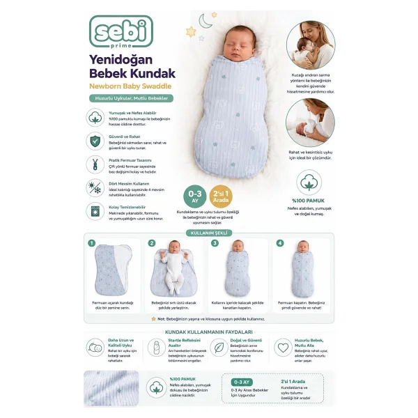 Sebi Prime Yenidoğan Bebek Kundak Battaniye Mavi/Pembe - Görsel 5