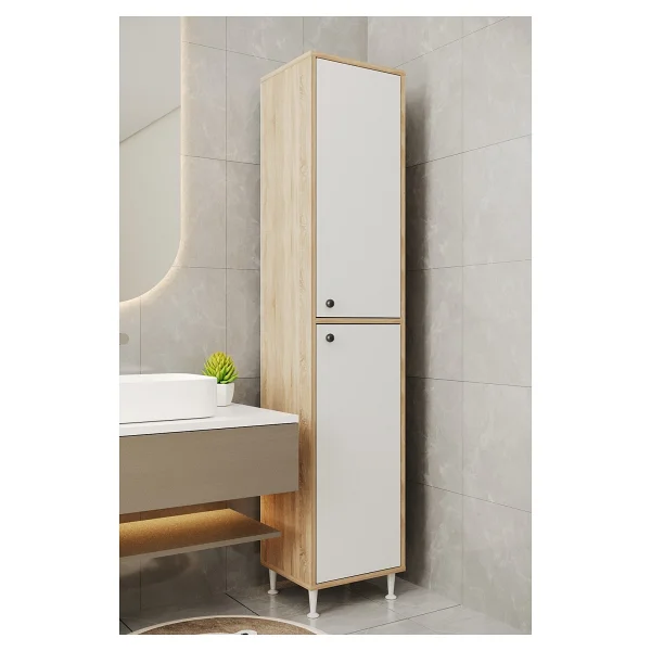Aeka Ae-2027 Lina 2 Kapaklı Çok Amaçlı Dolap 40x180 Cm Raflı Dar Yüksek Boy Banyo Çok Bölmeli Depolama Dolabı - Beyaz - Meşe - Görsel 9