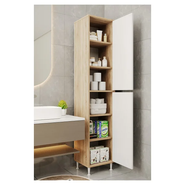 Aeka Ae-2027 Lina 2 Kapaklı Çok Amaçlı Dolap 40x180 Cm Raflı Dar Yüksek Boy Banyo Çok Bölmeli Depolama Dolabı - Beyaz - Meşe - Görsel 2