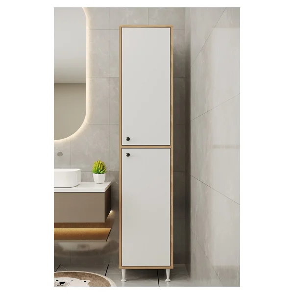 Aeka Ae-2027 Lina 2 Kapaklı Çok Amaçlı Dolap 40x180 Cm Raflı Dar Yüksek Boy Banyo Çok Bölmeli Depolama Dolabı - Beyaz - Meşe - Görsel 3