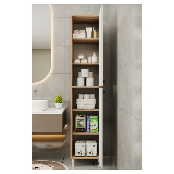 Aeka Ae-2027 Lina 2 Kapaklı Çok Amaçlı Dolap 40x180 Cm Raflı Dar Yüksek Boy Banyo Çok Bölmeli Depolama Dolabı - Beyaz - Meşe - Görsel 4