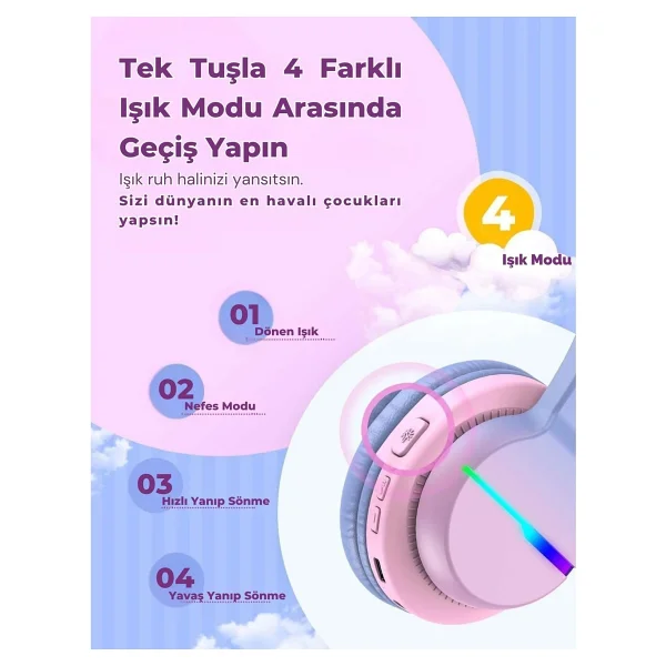 İclever Bth12 Mor-Pembe Kulak Üstü Çocuk Bluetooth Kulaklık - Görsel 9