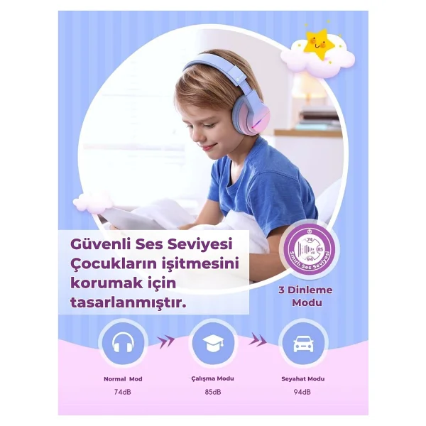İclever Bth12 Mor-Pembe Kulak Üstü Çocuk Bluetooth Kulaklık - Görsel 10