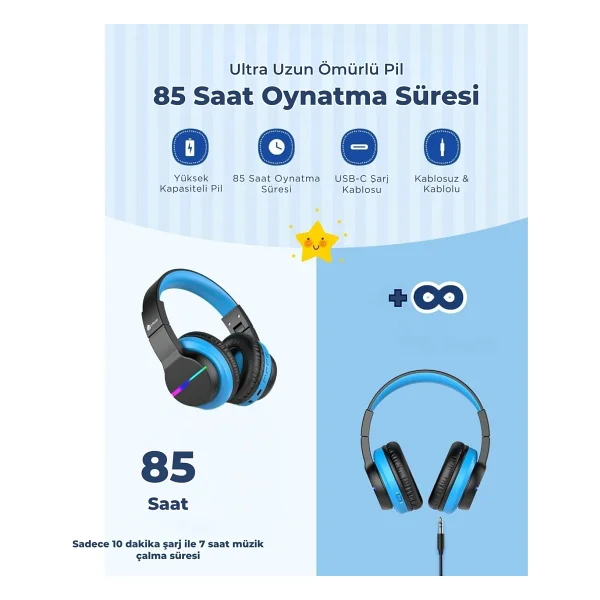 İclever Bth12 Siyah Kulak Üstü Çocuk Bluetooth Kulaklık - Görsel 2