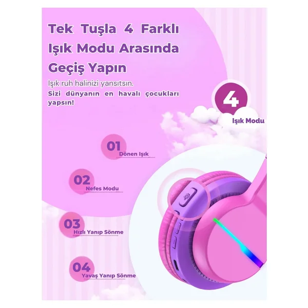 İclever Bth12 Sıcak Pembe Kulak Üstü Çocuk Bluetooth Kulaklık - Görsel 9