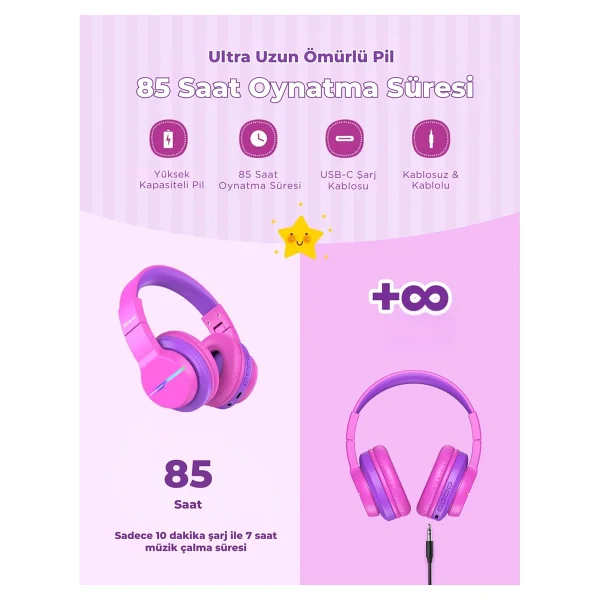 İclever Bth12 Sıcak Pembe Kulak Üstü Çocuk Bluetooth Kulaklık - Görsel 10