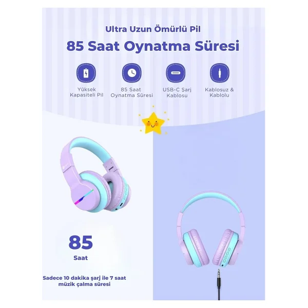 İclever Bth12 Mor Kulak Üstü Çocuk Bluetooth Kulaklık - Görsel 10