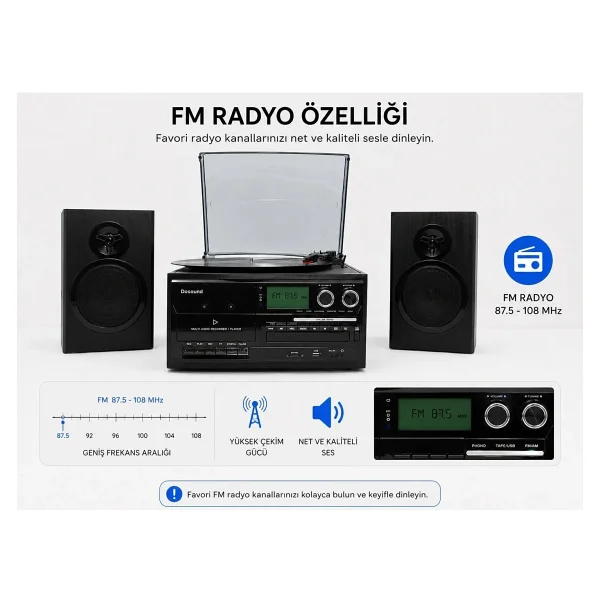 Dosound Tr-18 Ahşap Hoparlörlü Pikap Çalar Kaset CD Bluetooth USB Sd Müzik Sistemi - Görsel 7