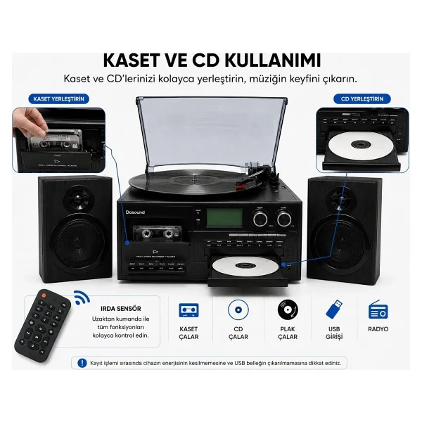 Dosound Tr-18 Ahşap Hoparlörlü Pikap Çalar Kaset CD Bluetooth USB Sd Müzik Sistemi - Görsel 4