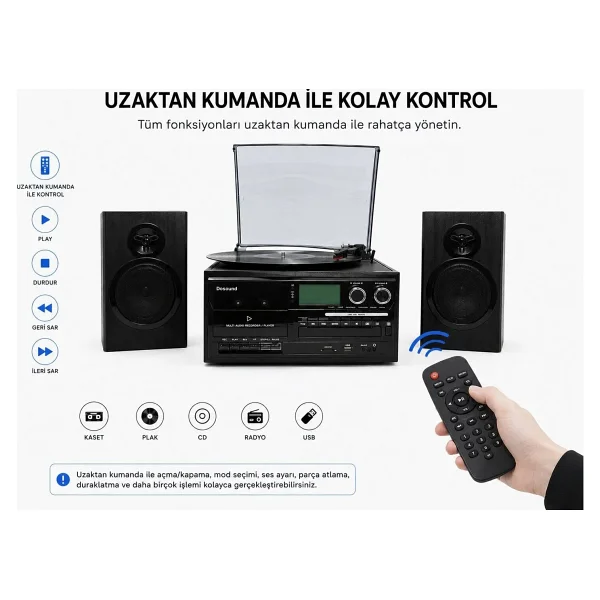 Dosound Tr-18 Ahşap Hoparlörlü Pikap Çalar Kaset CD Bluetooth USB Sd Müzik Sistemi - Görsel 5