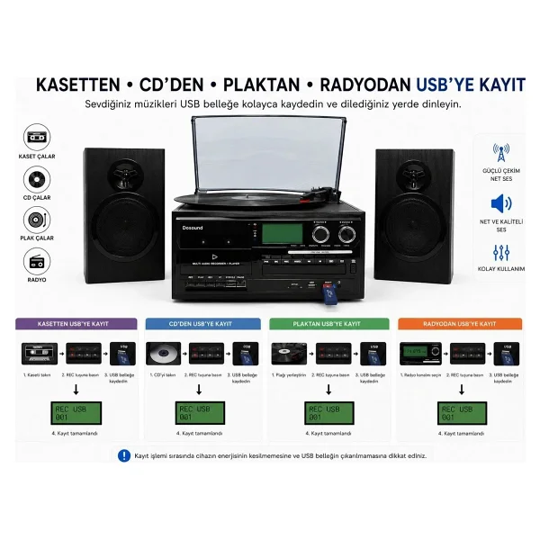 Dosound Tr-18 Ahşap Hoparlörlü Pikap Çalar Kaset CD Bluetooth USB Sd Müzik Sistemi - Görsel 6