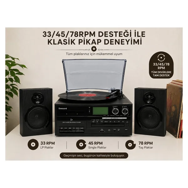 Dosound Tr-18 Ahşap Hoparlörlü Pikap Çalar Kaset CD Bluetooth USB Sd Müzik Sistemi - Görsel 8
