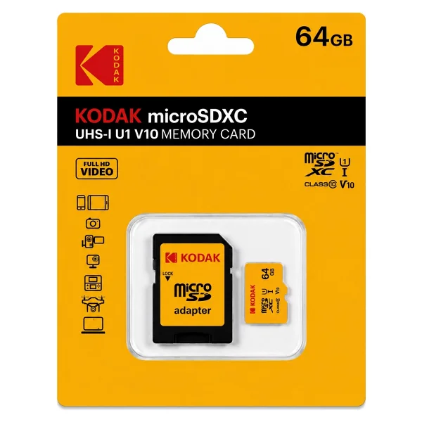Kodak 64GB Micro SD UHS-I C10 U1 V10 Kart + Adaptör (Sarı) - Görsel 4