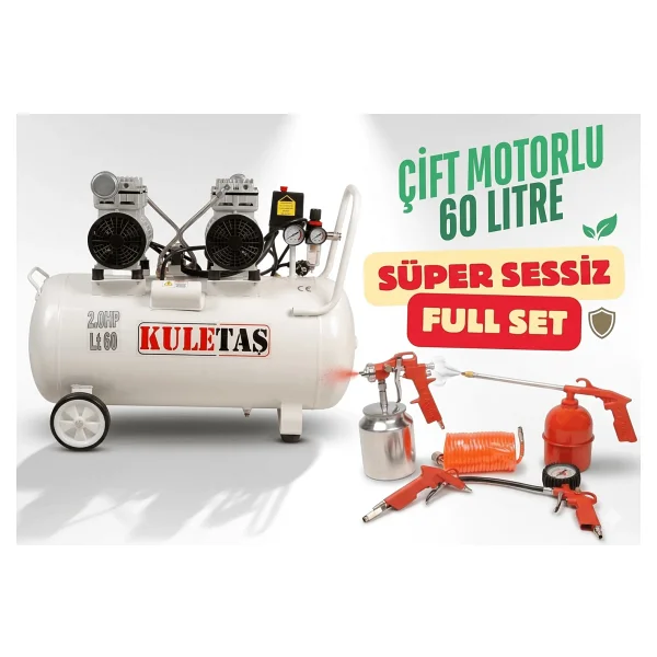 Kuletaş Kompresör Çift Motorlu 60 Litre Süper Sessiz Yağsız - Full Set - 3 Yıl Garanti - Görsel 2