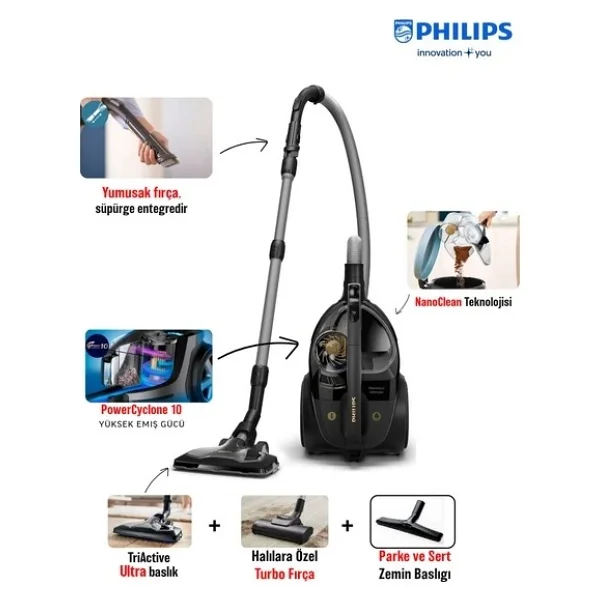 Phılıps Marathon Ultımatexb9125toz Torbasız Süpürge+ Halı Döver Turbo Başlık +Yedek Filitre Hediyeli - Antrasit - Görsel 9