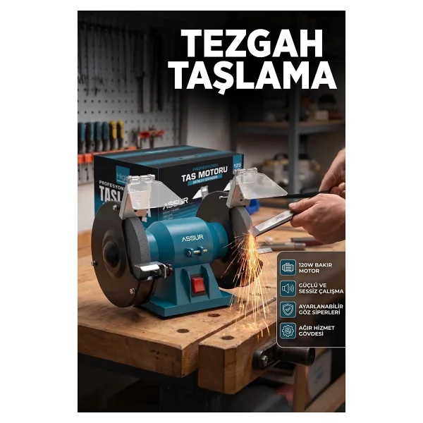 Assur 125mm Zımpara Balta Bıçak Bileme Makinesi Taş Motoru Tezgah Üstü Taşlama Makinesi - Görsel 2