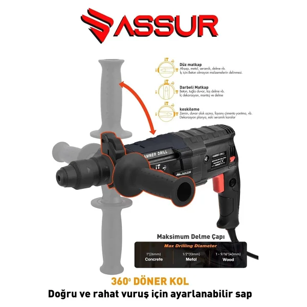 Assur Profesyonel Metal Şanzıman Kırıcı Delici Hilti Darbeli Matkap 2-28mm - Görsel 6