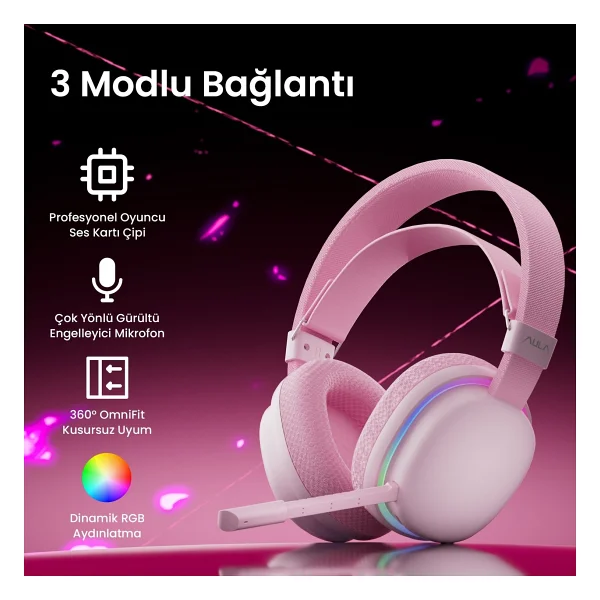 Aula G7 Pembe RGB Kablolu/Kablosuz Kulak Üstü Oyuncu Kulaklığı - Görsel 2