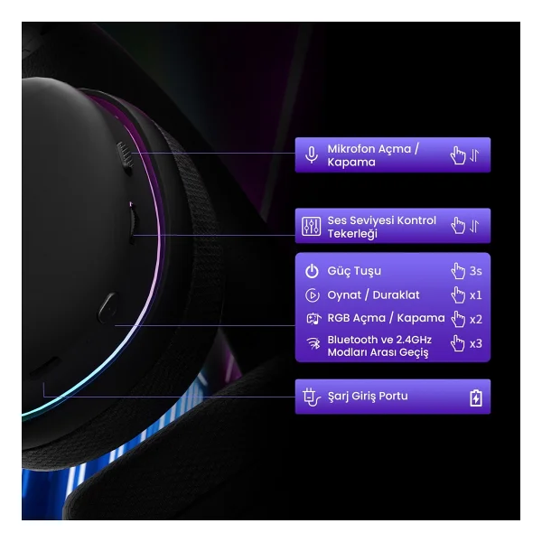 Aula G7 Pembe RGB Kablolu/Kablosuz Kulak Üstü Oyuncu Kulaklığı - Görsel 6