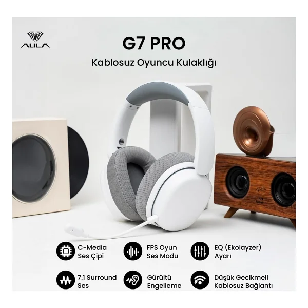 Aula G7 Pro Beyaz RGB Kablolu/Kablosuz Kulak Üstü Oyuncu Kulaklığı - Görsel 2