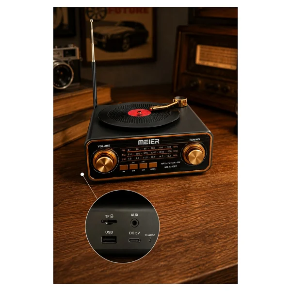Meier Md-1320bt Siyah Nostaljik Görünümlü Bluetooth Hoparlör Ve 3 Bantlı Şarjlı Radyo - Görsel 5