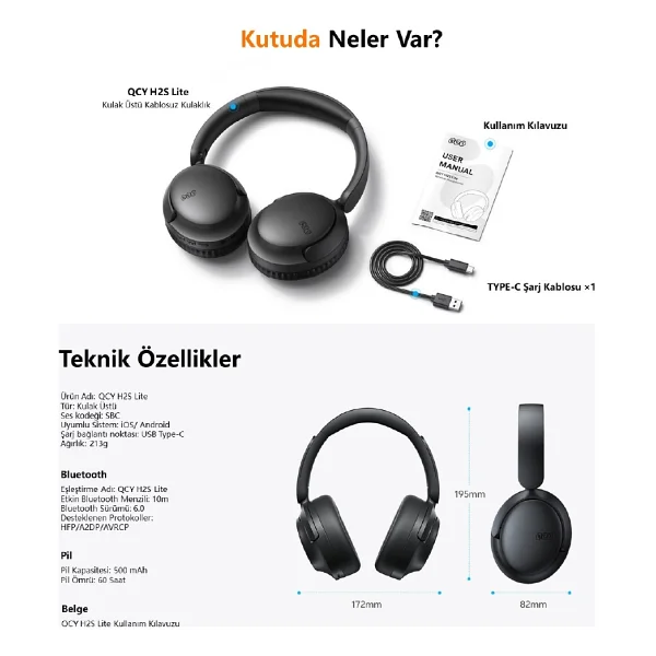 Qcy H2s Lite Kulak Üstü Bluetooth Kulaklık - Görsel 6