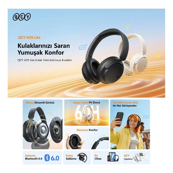Qcy H2s Lite Kulak Üstü Bluetooth Kulaklık - Görsel 7