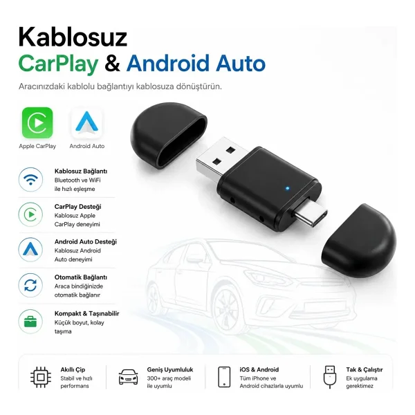 Radoon Yeni Tasarım Mini Kablosuz İos Android Uyumlu Carplay USB Ve Type-C 2in1 Araç Multimedya Adaptörü - Görsel 7