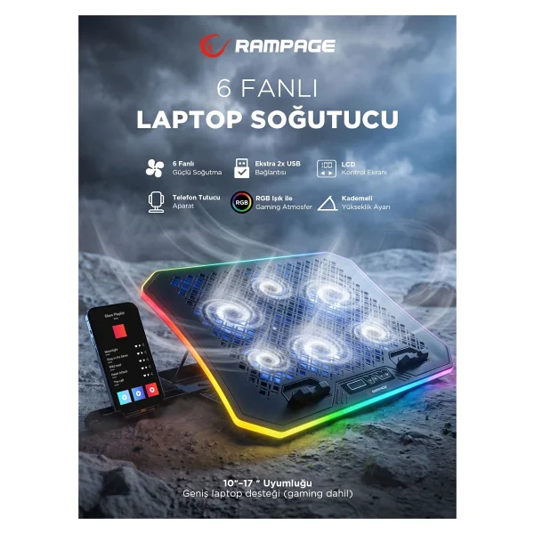 Rampage Ad-Rc34 Metafor 6 Fanlı RGB Laptop Soğutucu - Görsel 10