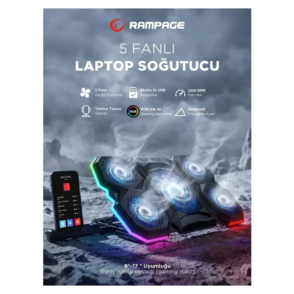 Rampage S47 Coolflow RGB 5 Fanlı 17.3" Laptop Soğutucu - Görsel 9