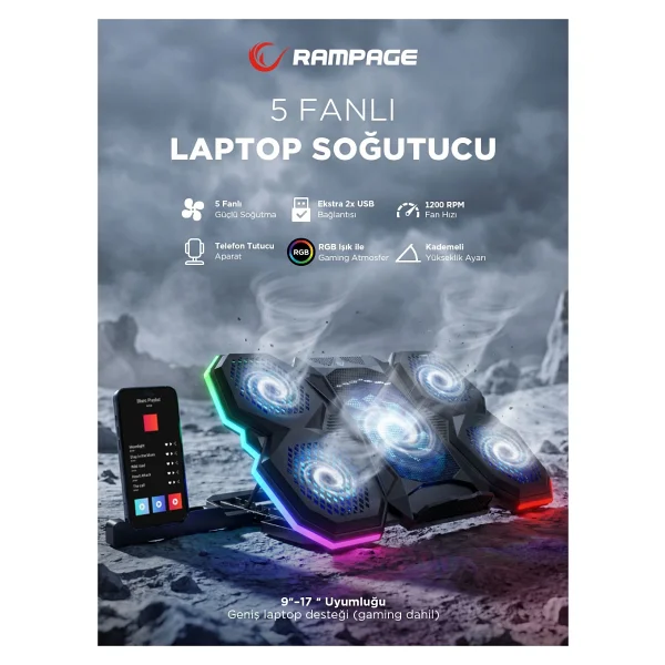 Rampage Ad-Rc14 X-Ranger RGB 5 Fanlı 9"-17" Laptop Soğutucu - Görsel 2