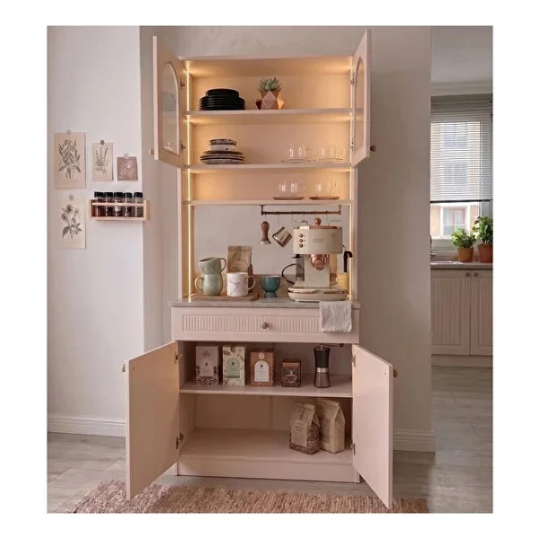 Eymense Hera Kahve Köşesi %100 Mdf Mutfak Dolabı Camlı Çok Amaçlı Dolap Sensör Ledli Raflı 1 Modüllü Bej - Görsel 2