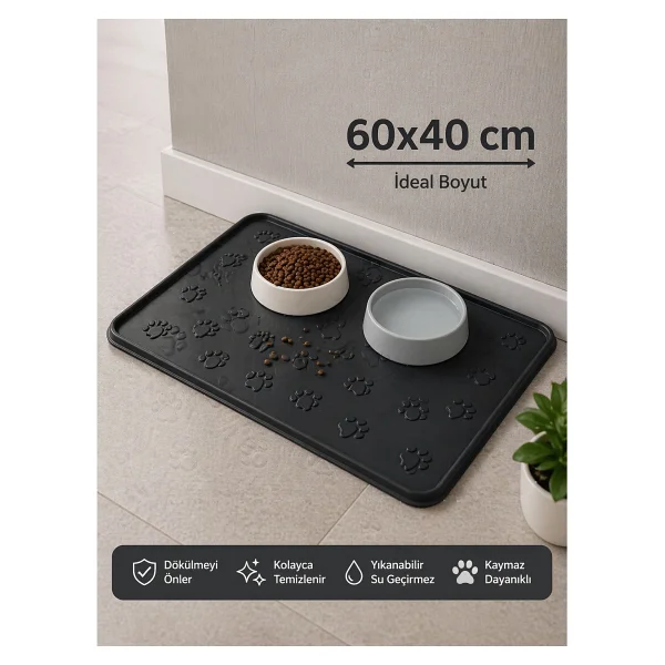 Black Gold Kedi Köpek Mama Matı Havuzlu Yıkanabilir Kaymaz Evcil Hayvan Beslenme Matı Kedi Kumu Paspası 40x60 - Siyah - Görsel 5