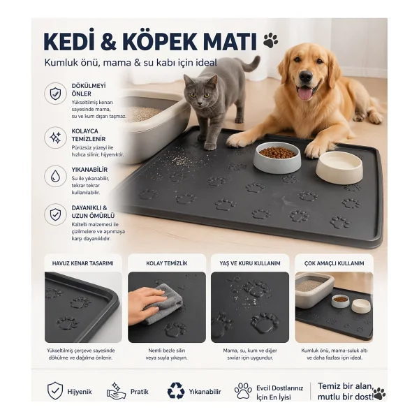 Black Gold Kedi Köpek Mama Matı Havuzlu Yıkanabilir Kaymaz Evcil Hayvan Beslenme Matı Kedi Kumu Paspası 40x60 - Siyah - Görsel 3