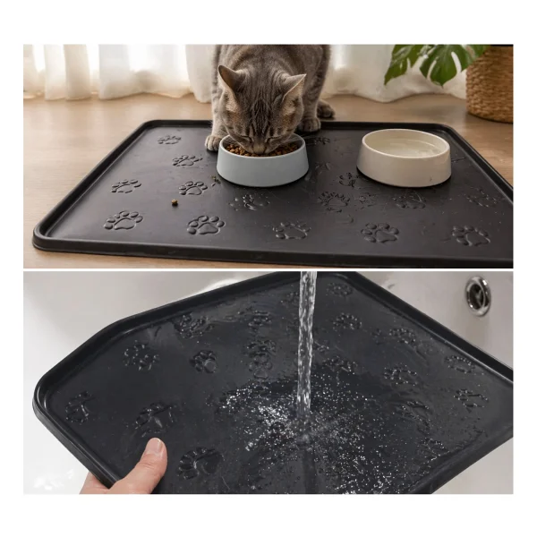 Black Gold Kedi Köpek Mama Matı Havuzlu Yıkanabilir Kaymaz Evcil Hayvan Beslenme Matı Kedi Kumu Paspası 40x60 - Siyah - Görsel 4