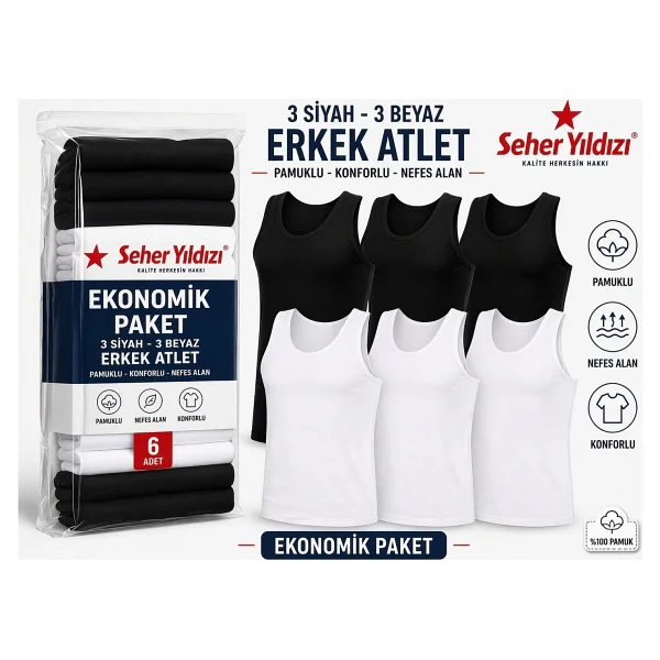Seher Yıldızı 6'lı Erkek Siyah Atlet Pamuk Penye - Görsel 5