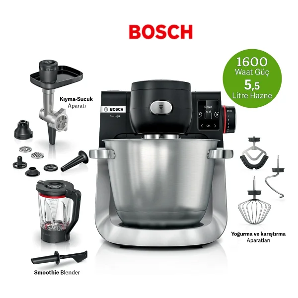 Bosch Kıyma Yapma & Hamur Yoğurma + Smoothie Blender 1600w 5,5litre Paslanmaz Çelik Hazne Dijital Ekran Premium Serie 6 Terazili Mikser & Mutfak Şefi - Siyah - Görsel 9