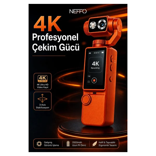 Neffo 4K Hd Taşınabilir Vlog Spor ve Aksiyon Kamerası 2.0" Döndürülebilir IPS Ekran Gimbal Kamera - Görsel 2