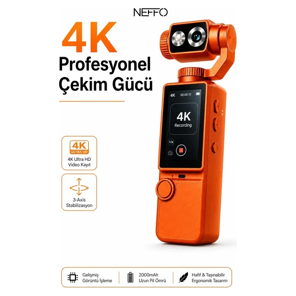 Neffo 4K Hd Taşınabilir Vlog Spor ve Aksiyon Kamerası 2.0" Döndürülebilir IPS Ekran Gimbal Kamera - Görsel 9