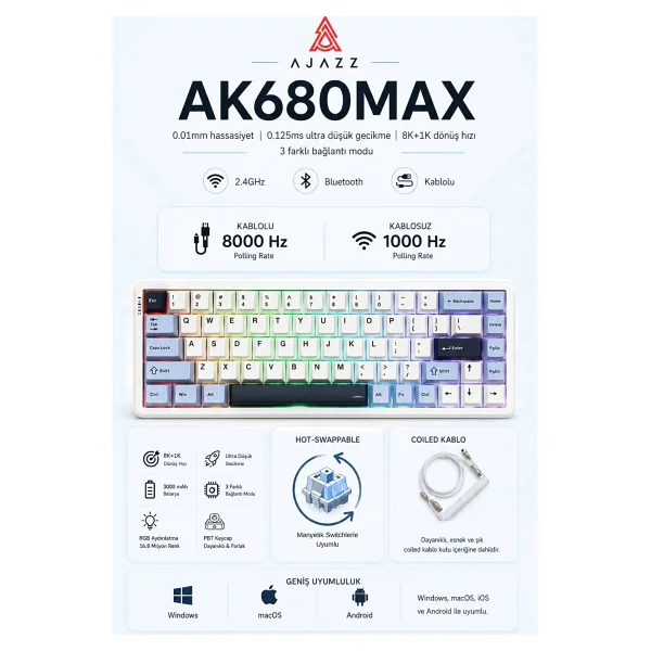 Ajazz Ak680 Max Wireless RGB %68 Tkl Magnetic Rice Switch Kablolu/Kablosuz Oyuncu Klavyesi - Görsel 6