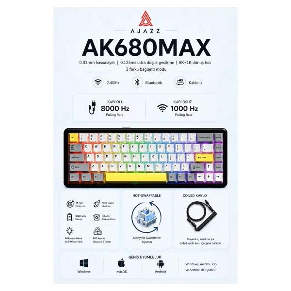 Ajazz AK680 Max Wireless RGB %68 TKL Magnetic Rice Switch Kablolu/Kablosuz Oyuncu Klavyesi