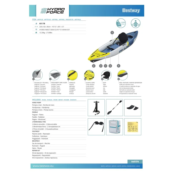 Hydro Force Dash Elite X1 65178 335 Cm Tek Kişilik Şişme Kano - Görsel 8