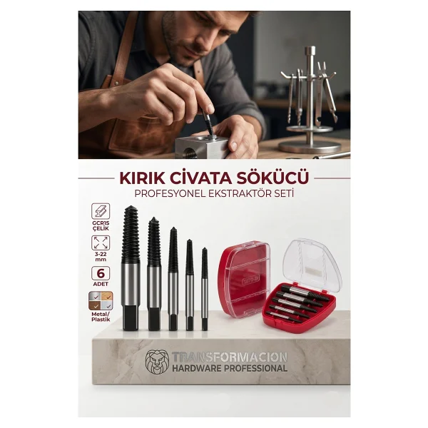 Transformacion Ters Kılavuz 6 Lı Set Saf Çelik Kırık Civata Vida Sökücü Kırılmış Vida Civata Sökme Aparatı 721690 - Görsel 10