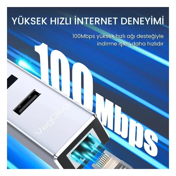 Veggieg USB Type-C To 100mbps Ethernet Çevirici Ve 3 Portlu USB Hub Çoklayıcı - Görsel 10