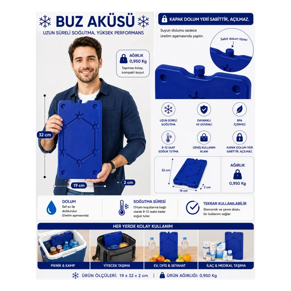 Kale Termos K-950 Buz Aküsü 950 Ml Plastik Malzeme İle Uzun Süre Soğuk Tutma Özelliği - Mavi - Görsel 7