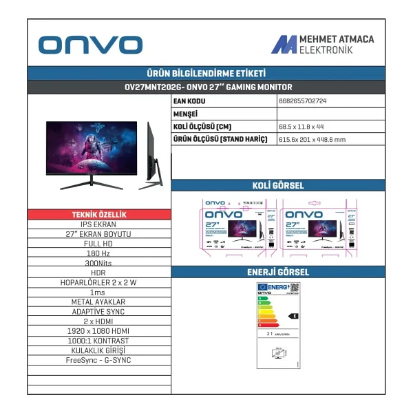 Onvo Ov27mnt202g 27'' 1 Ms Full HD Ips 180 Hz Oyuncu Monitörü - Görsel 9
