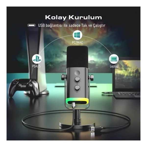 Fifine Am8 Xlr/USB RGB Dinamik Oyuncu Ve Yayıncı Mikrofonu - Görsel 5