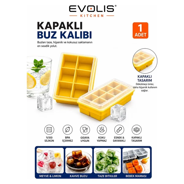 Evolis Kitchen 1 Adet 6 Bölmeli Büyük Boy Kapaklı Silikon Buz Kalıbı Silikon Kare Buzluk Kokteyl Sunum Buz Kalıbı Et Suyu Saklama Kalıbı - Kırmızı - Görsel 3