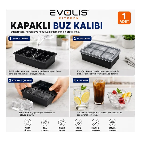 Evolis Kitchen 1 Adet 6 Bölmeli Büyük Boy Kapaklı Silikon Buz Kalıbı Silikon Kare Buzluk Kokteyl Sunum Buz Kalıbı Et Suyu Saklama Kalıbı - Kırmızı - Görsel 2